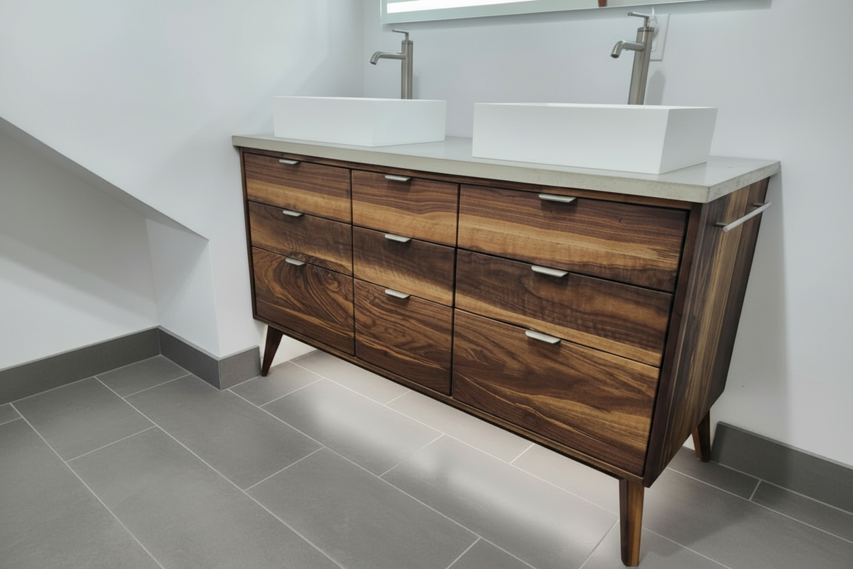 Hard Wood and Concrete Top Custom Double Sink Bathroom Vanity