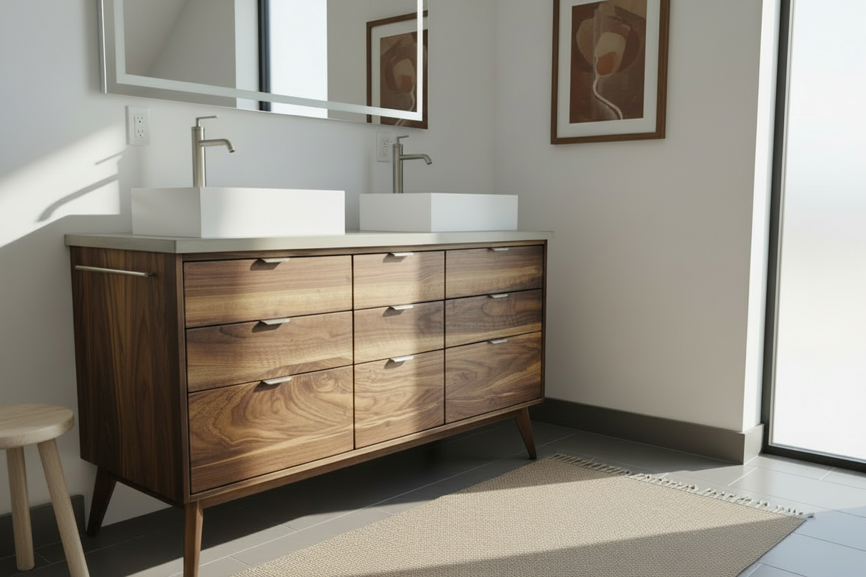 Hard Wood and Concrete Top Custom Double Sink Bathroom Vanity