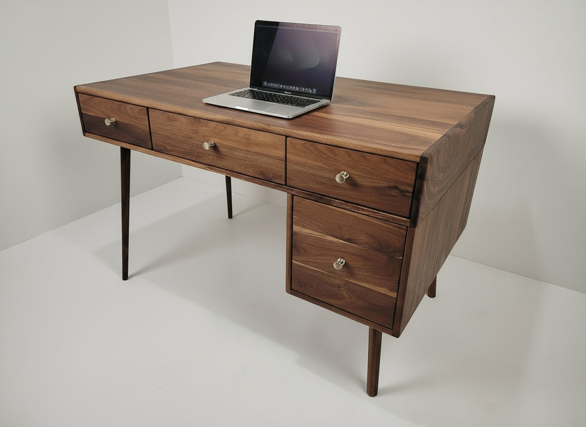 The Executive - Mid-century Modern All Black Walnut Office Desk with Versatile Storage Space