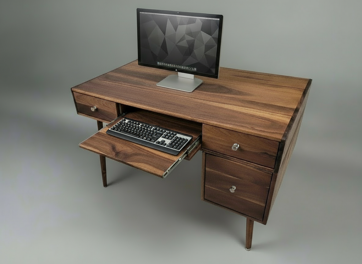 The Executive - Mid-century Modern All Black Walnut Office Desk with Versatile Storage Space