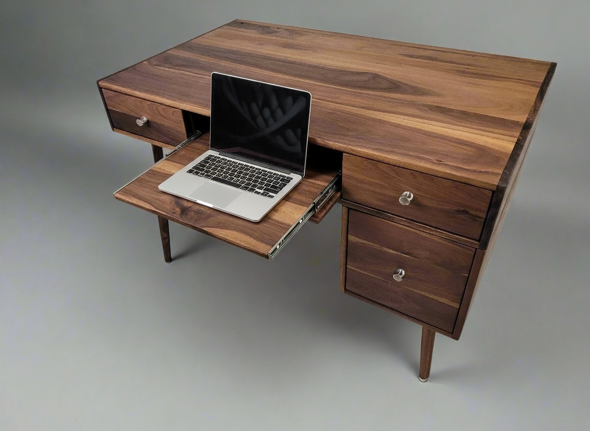 The Executive - Mid-century Modern All Black Walnut Office Desk with Versatile Storage Space