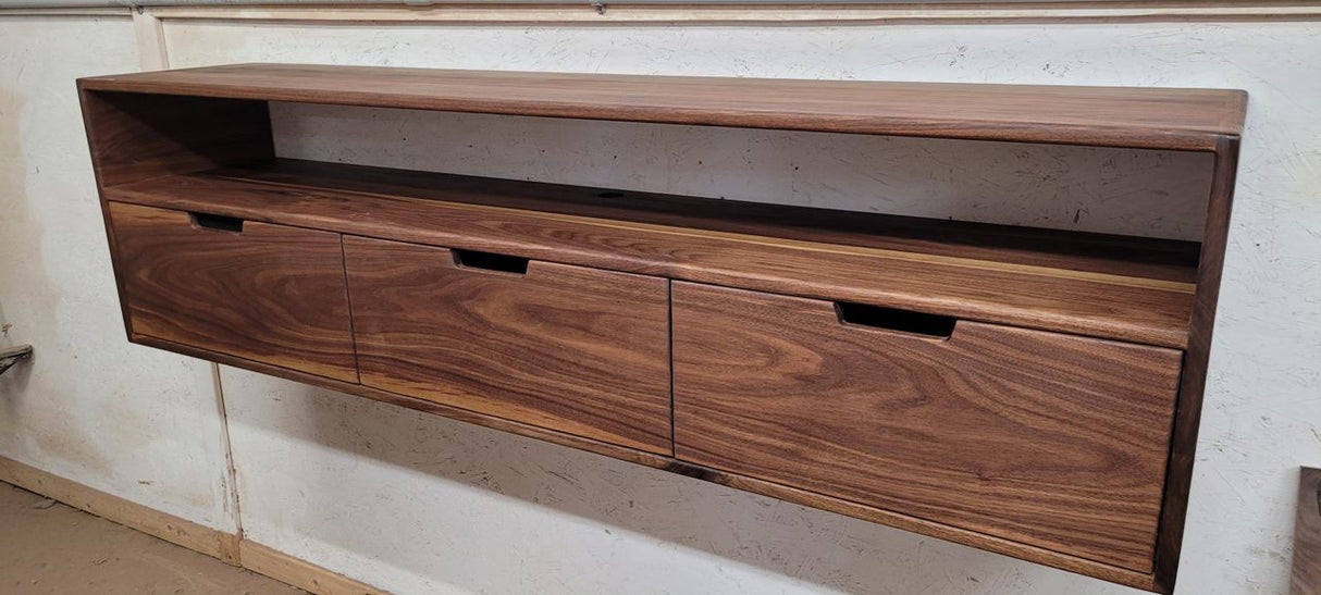 Floating Black Walnut Bedside Table Nightstand with 3 Drawers and Shelf