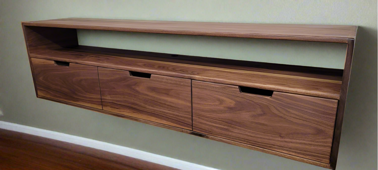 Custom Floating Black Walnut Bedside Table Nightstand with 3 Drawers and Shelf