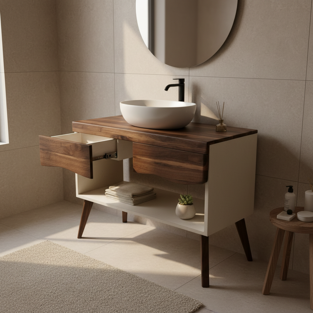 Concrete and Hard Wood Custom Bathroom Vanity with Wood Top and Drawers