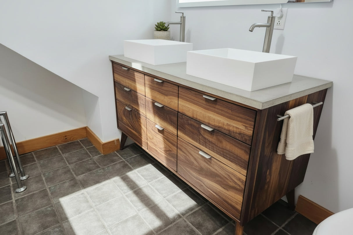 Hard Wood and Concrete Top Custom Double Sink Bathroom Vanity
