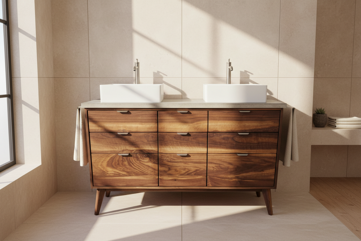 Hard Wood and Concrete Top Custom Double Sink Bathroom Vanity