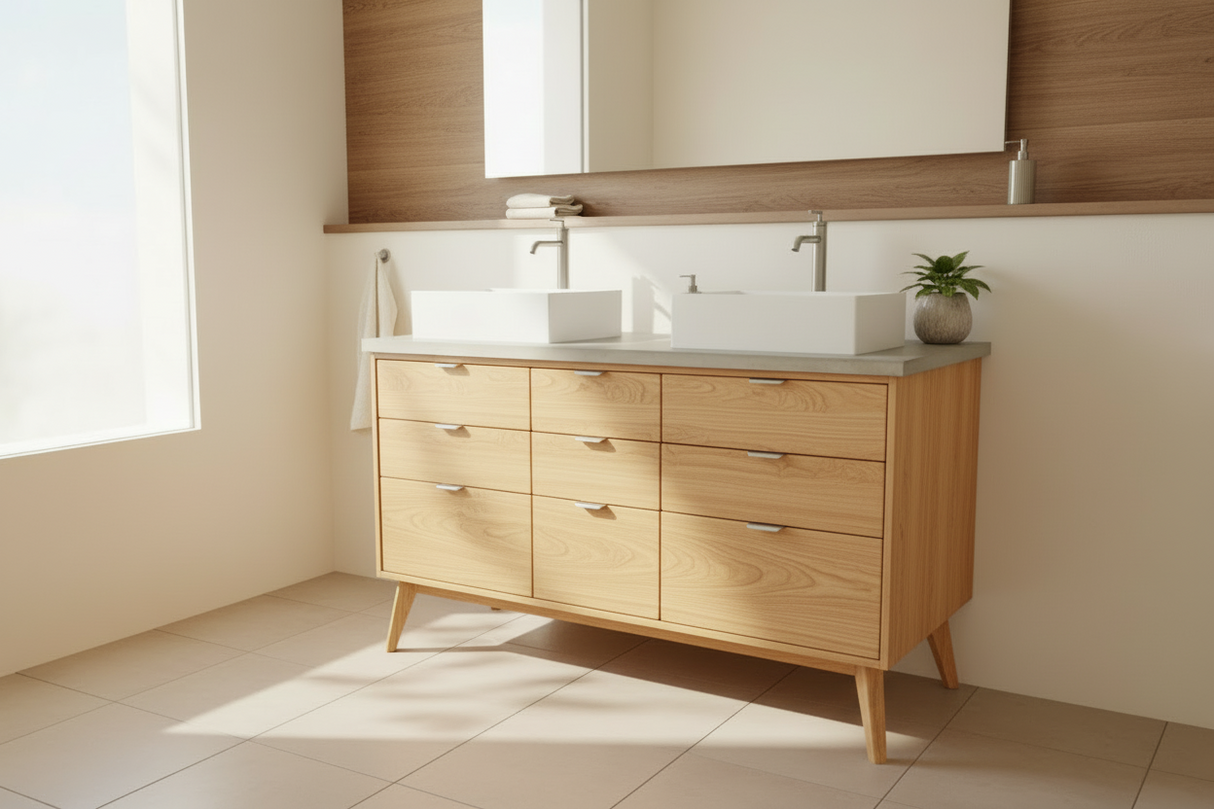 Hard Wood and Concrete Top Custom Double Sink Bathroom Vanity