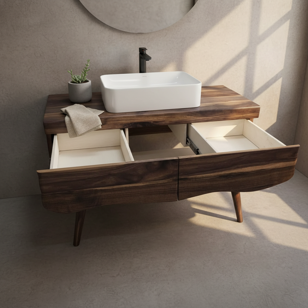 Concrete and Hard Wood Custom Bathroom Vanity with Wood Top and Drawers