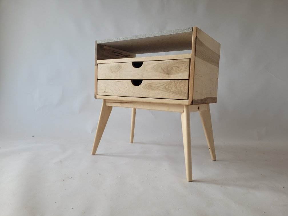 Aby - Two Drawers Maple Wood & Concrete Top Mid-Century Bed Side Table Nightstand