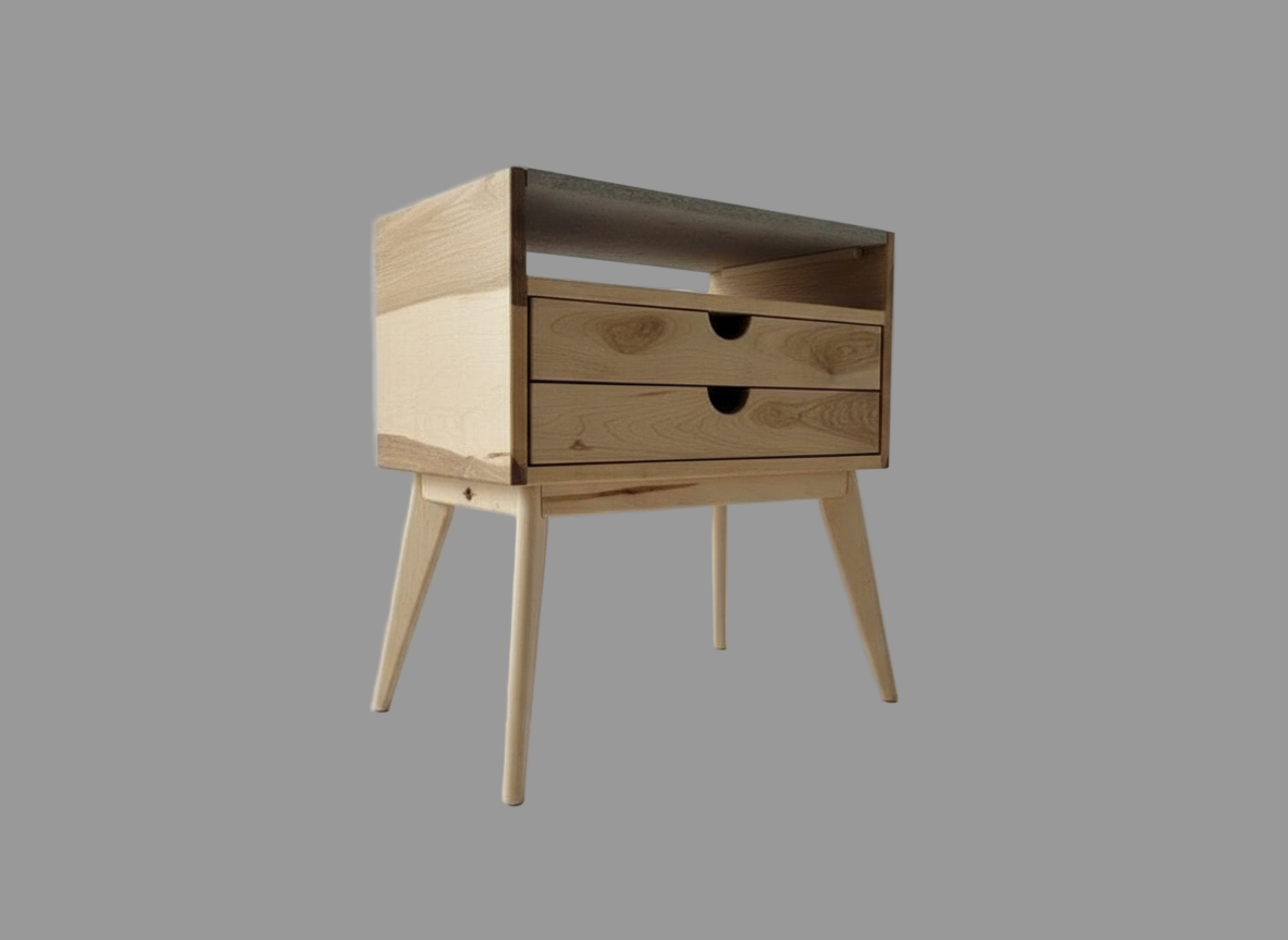Aby - Two Drawers Maple Wood & Concrete Top Mid-Century Bed Side Table Nightstand