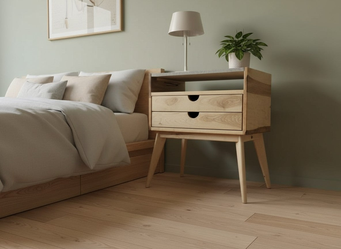 Aby - 2 Drawers Black Walnut & Concrete Top Mid-Century Nightstand