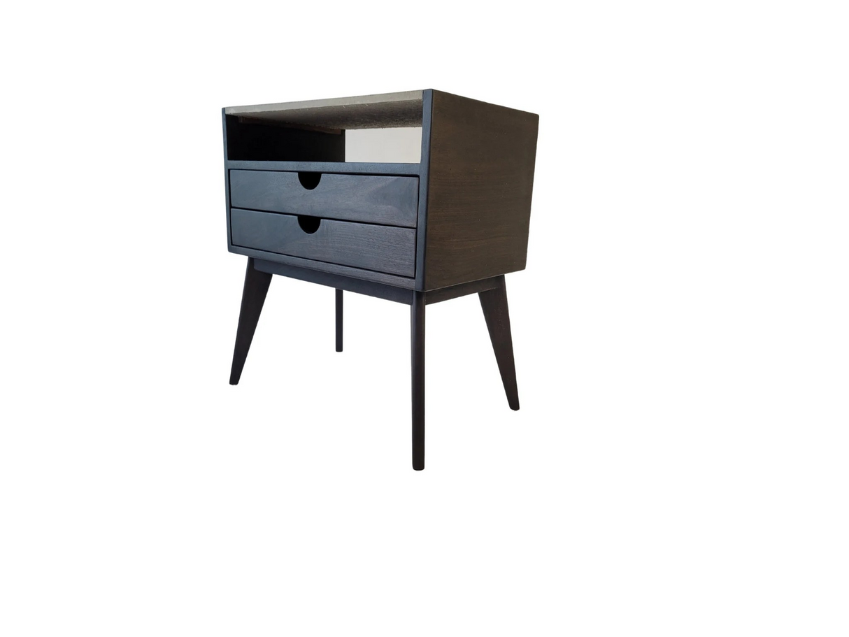 Aby - Two Drawers Maple Wood & Concrete Top Mid-Century Bed Side Table Nightstand
