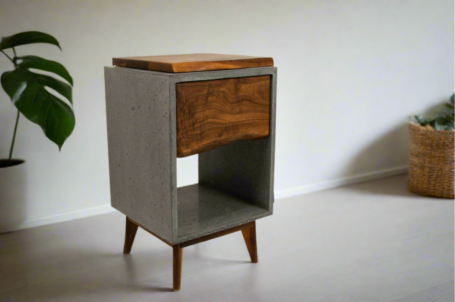 Classic Edge Light - Boîte en béton et dessus en bois Live Edge / Table de nuit à tiroir latéral