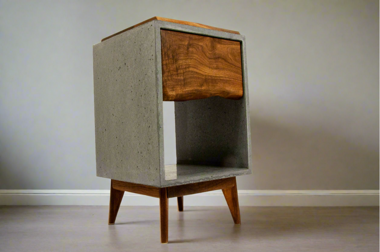Classic Edge Black - Concrete Dark Grey Box & Live Edge Wood Top / Side Drawer Nightstand