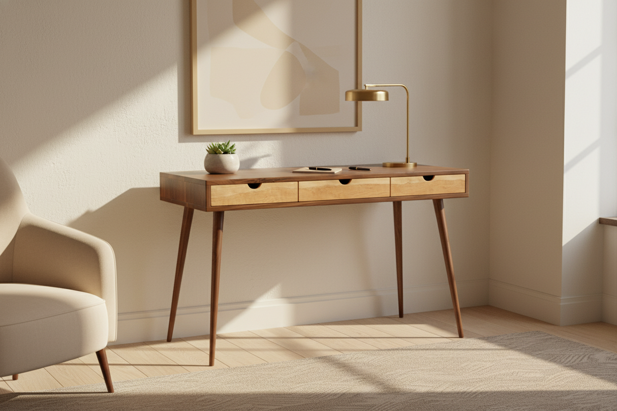 Mid-Century Black Walnut Office Desk with Cherry Wood Drawers