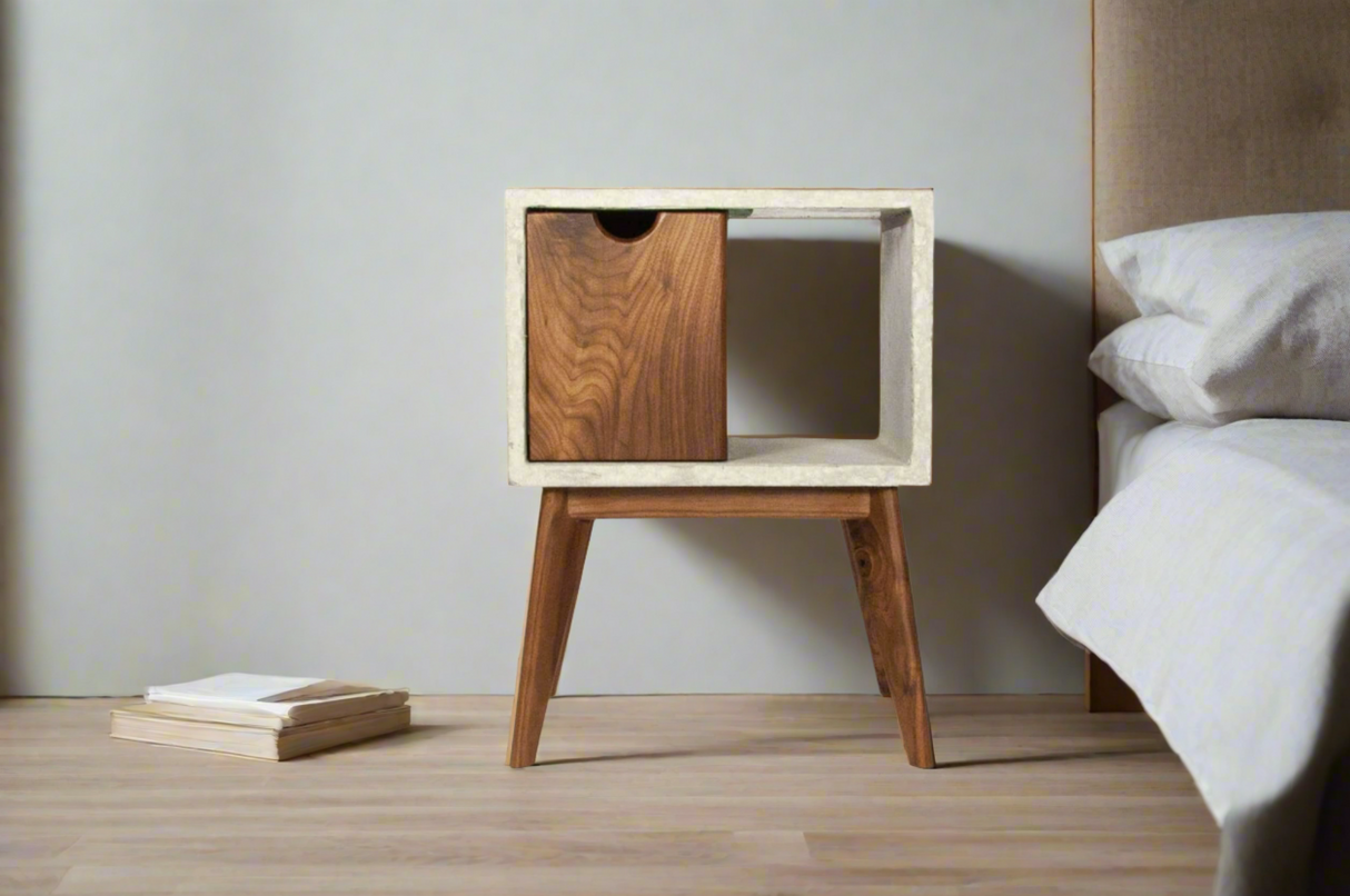 Half'n Half - Concrete & Solid Black Walnut Drawer Mid-Century Nightstand Bed Side Table