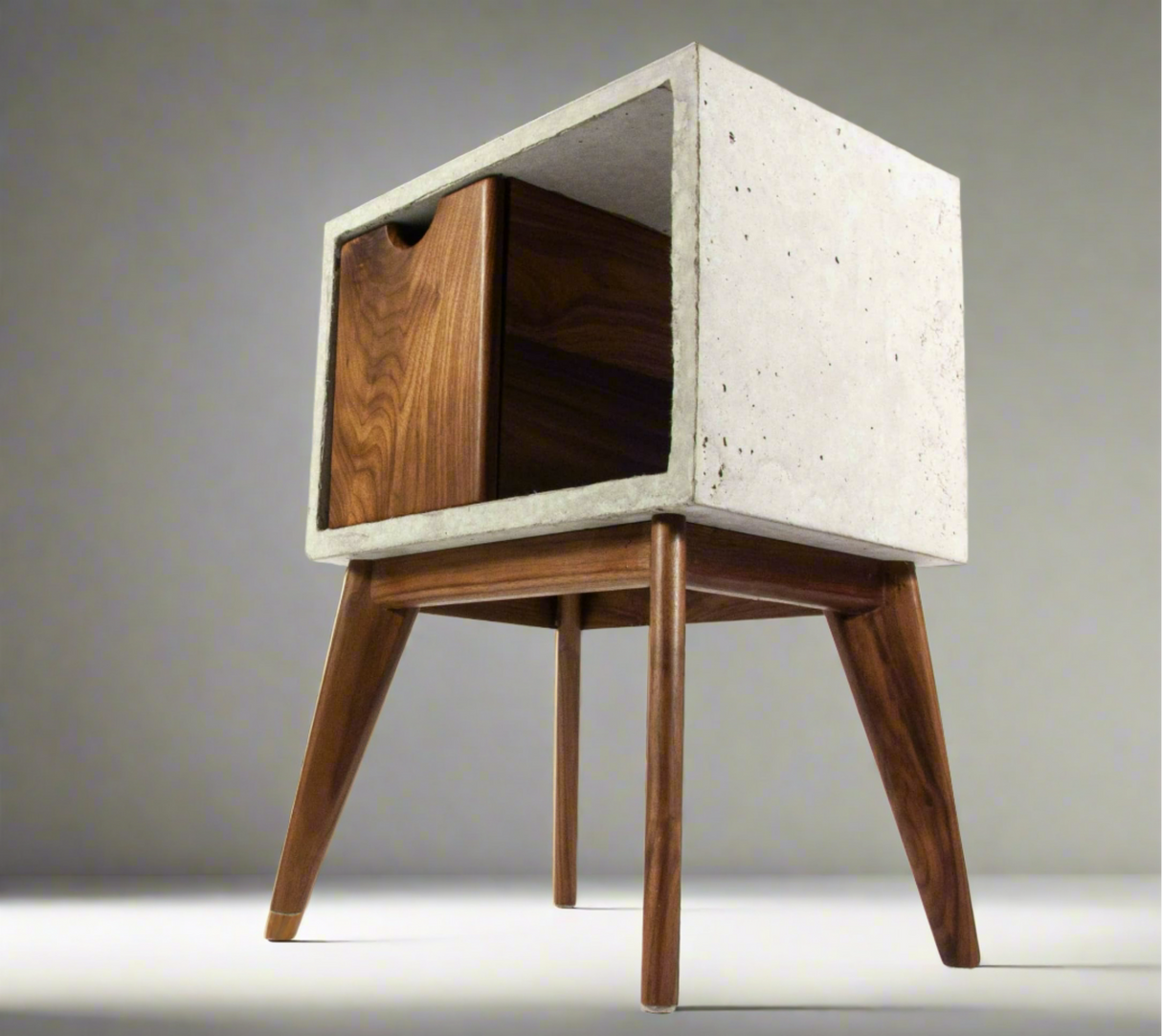 Half'n Half - Concrete & Solid Black Walnut Drawer Mid-Century Nightstand Bed Side Table