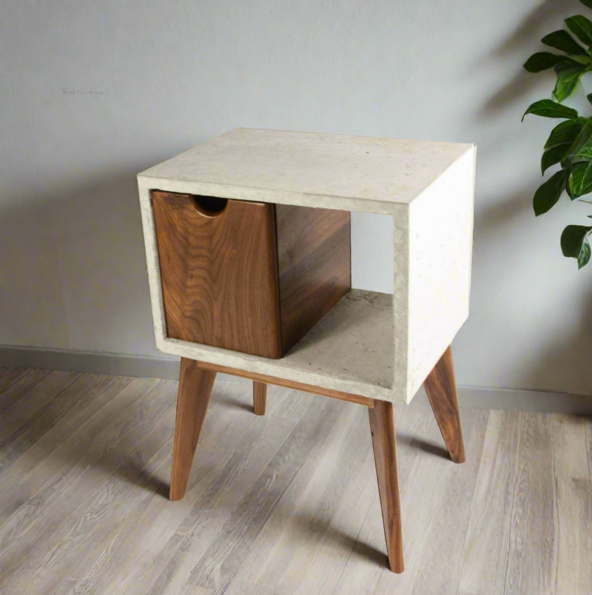 Half'n Half - Concrete & Solid Black Walnut Drawer Mid-Century Nightstand Bed Side Table