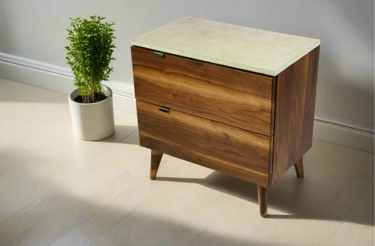 Marissa - Two Drawers Walnut & Concrete Top Nightstand
