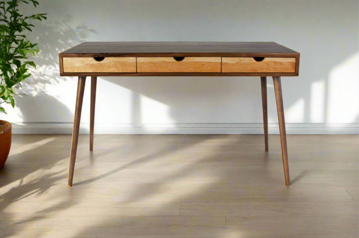 Mid-Century Black Walnut Office Desk with Cherry Wood Drawers