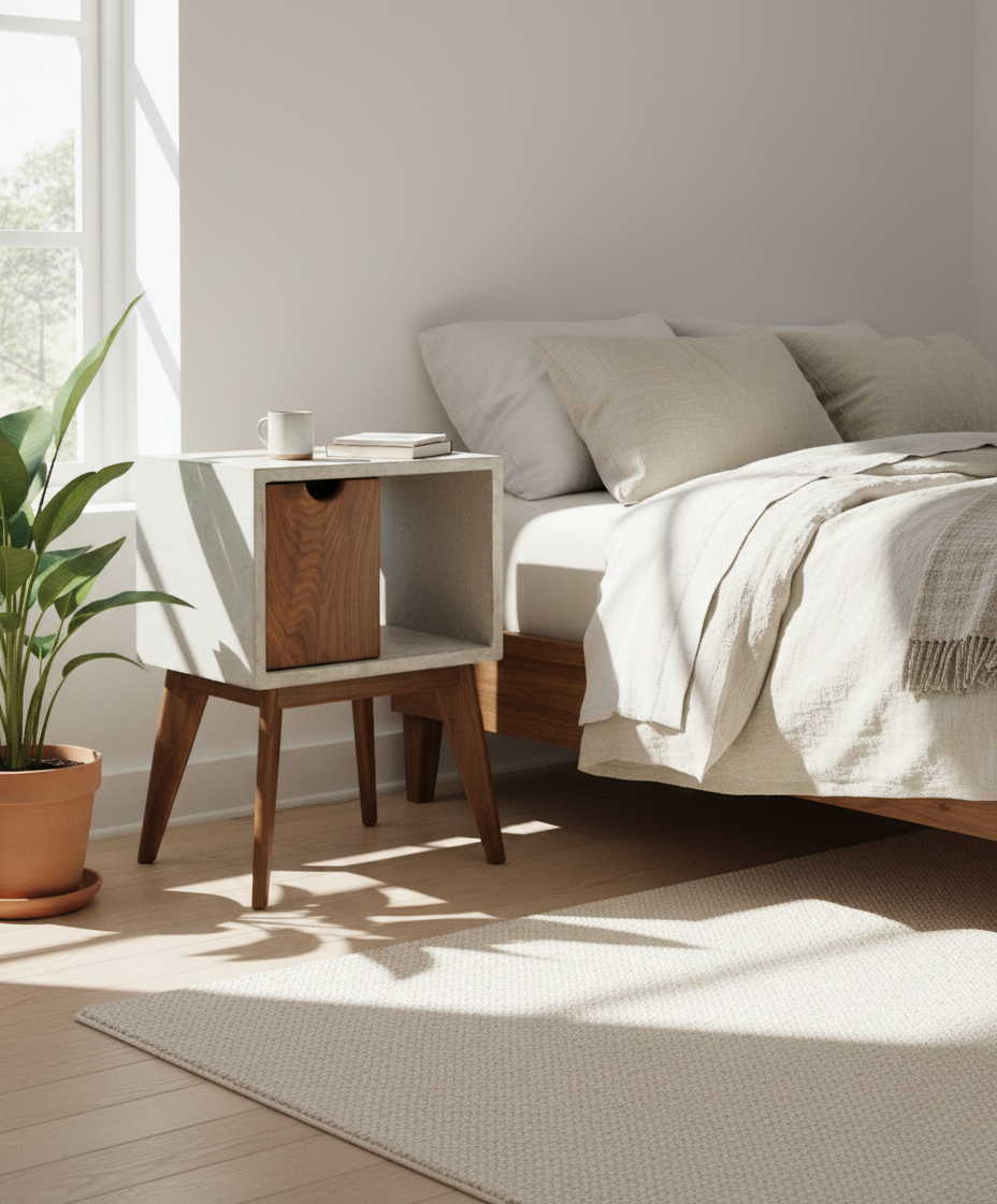 Half'n Half - Concrete & Solid Black Walnut Drawer Mid-Century Nightstand Bed Side Table