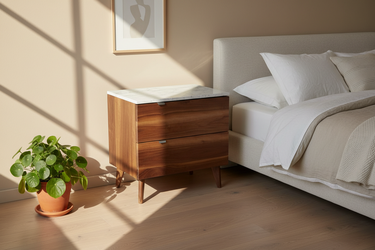 Marissa - Two Drawers Walnut & Concrete Top Nightstand