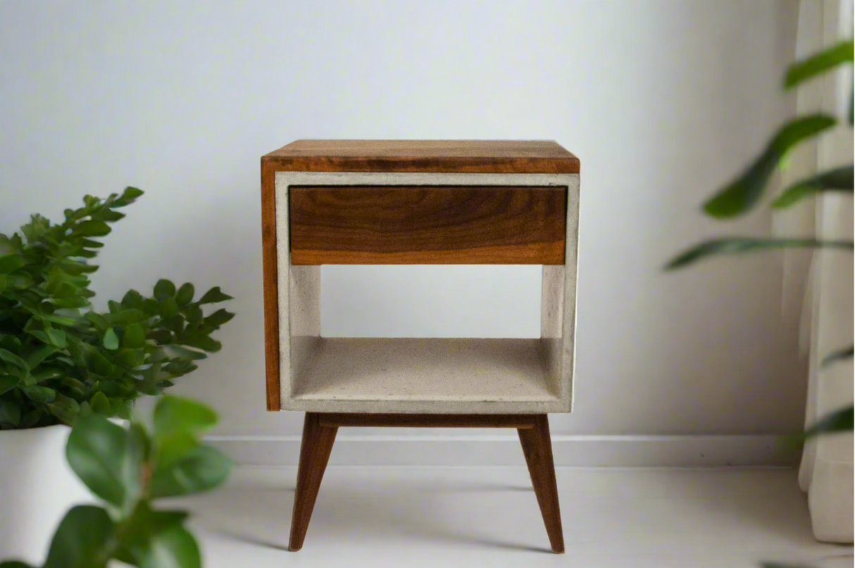 Yin Yang - Concrete and Straight Edge Solid Wood Bed Side Table Nightstand with Drawer