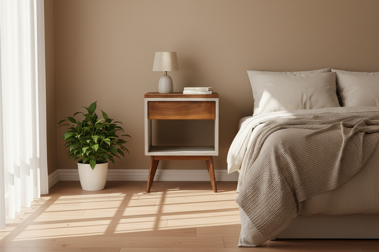 Yin Yang - Concrete and Straight Edge Solid Wood Bed Side Table Nightstand with Drawer