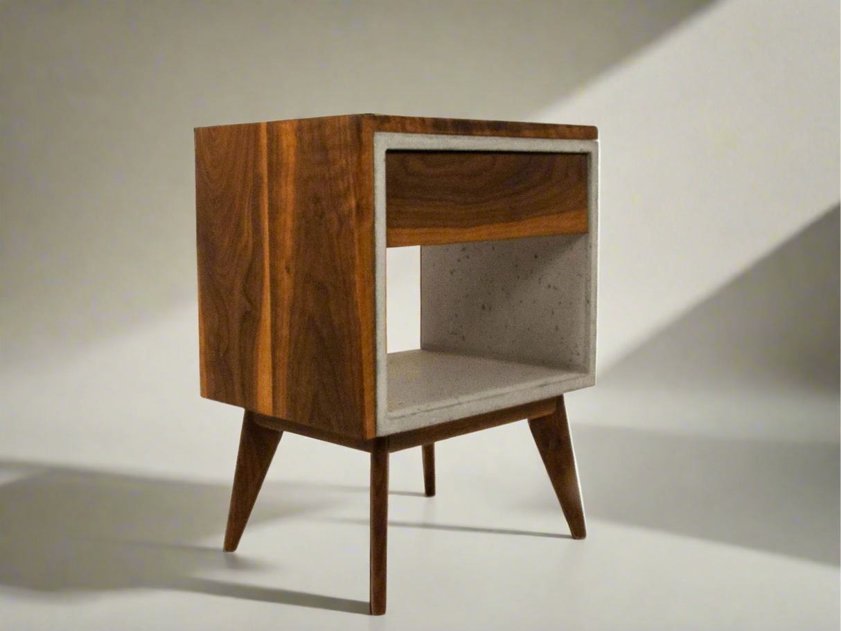 Yin Yang - Concrete and Straight Edge Solid Wood Bed Side Table Nightstand with Drawer