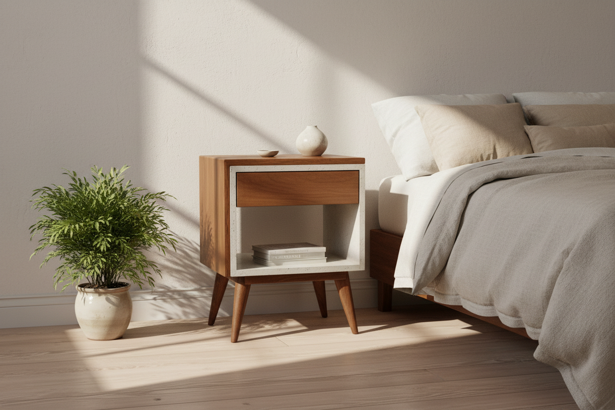 Yin Yang - Concrete and Straight Edge Solid Wood Bed Side Table Nightstand with Drawer