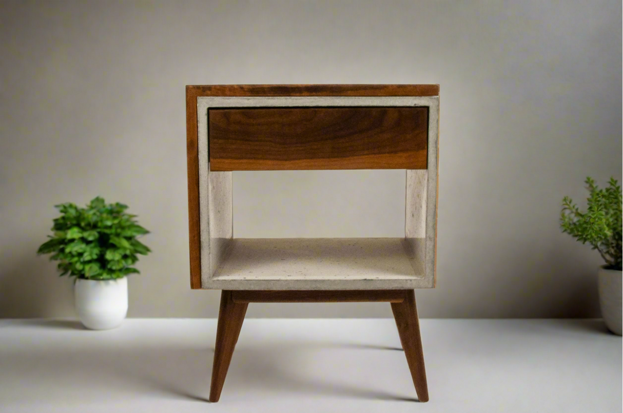 Yin Yang - Concrete and Straight Edge Solid Wood Bed Side Table Nightstand with Drawer