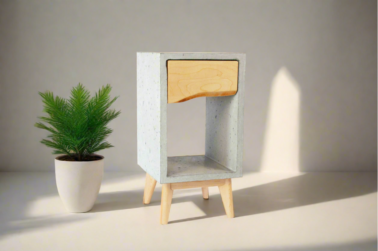 Concrete Box & Live Edge Maple Wood Drawer Nightstand