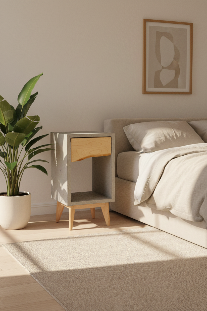 Concrete Box & Live Edge Maple Wood Drawer Nightstand
