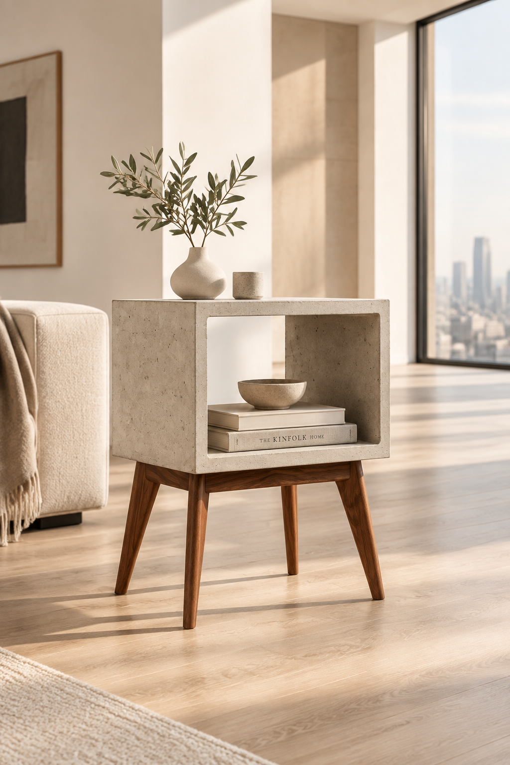 Concrete cube and Walnut Solid Wood Legs End Table