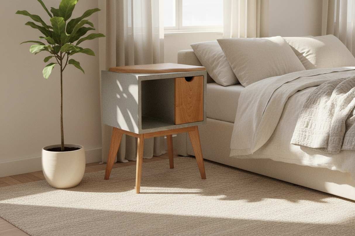 Table d'appoint de lit mi-siècle en béton et bois de cerisier Live Edge avec tiroir