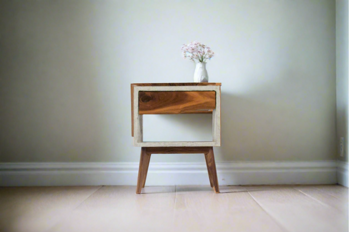 Tall Dwarf Solid Walnut Live Edge & Concrete Nightstand with Drawer