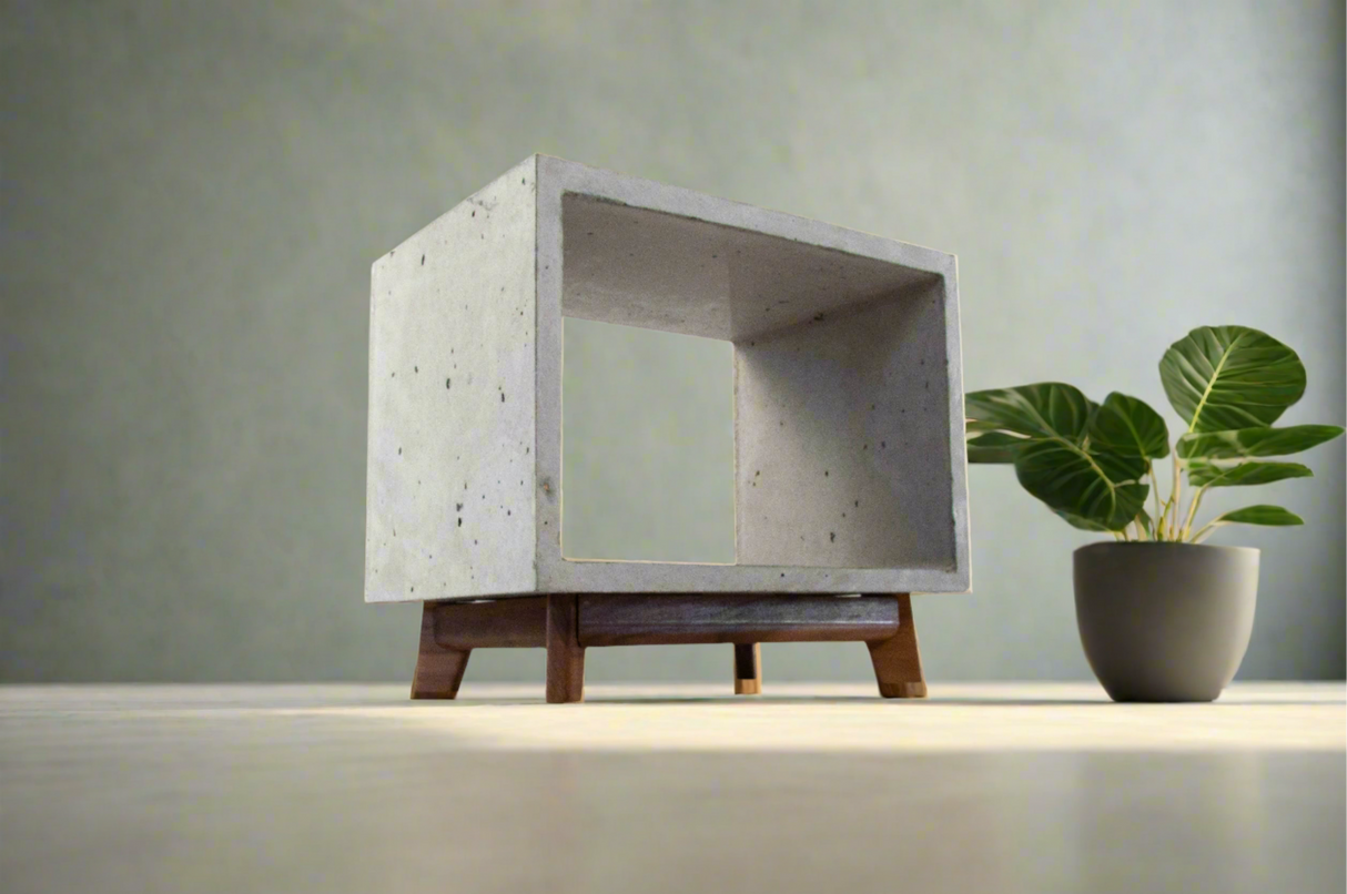 Dwarf Concrete Cube & Small Wood Legs End Table