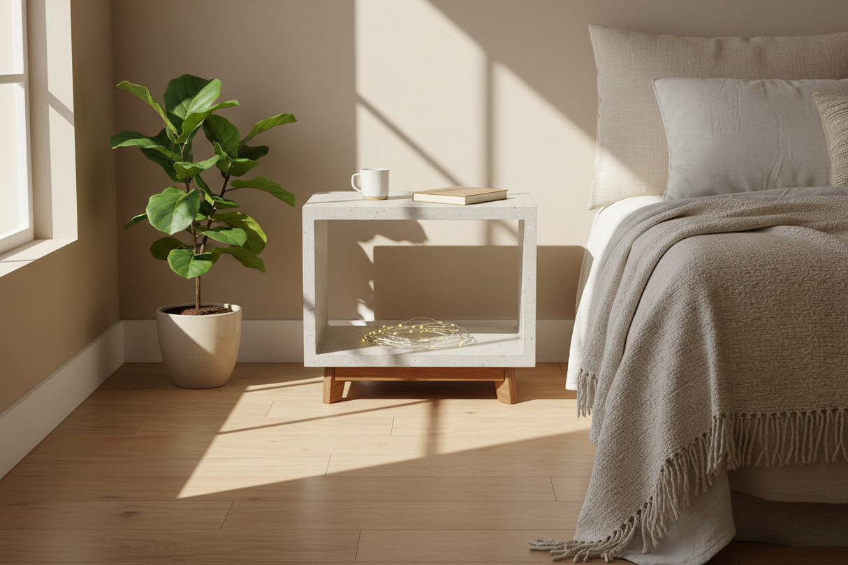 Table de bout naine en béton et petits pieds en bois