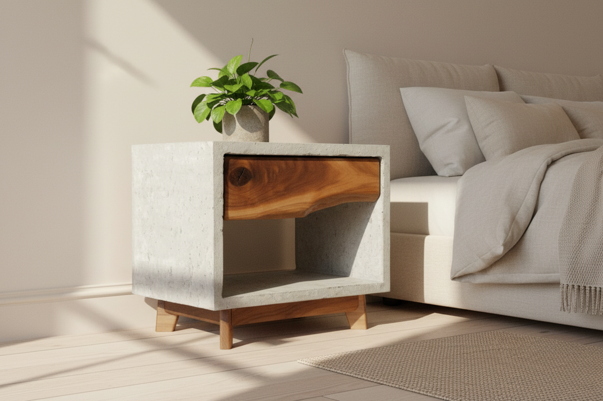 Table de nuit à tiroirs en béton et bois Live Edge nain - Table d'appoint