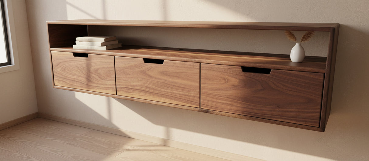 Floating Black Walnut Bedside Table Nightstand with 3 Drawers and Shelf