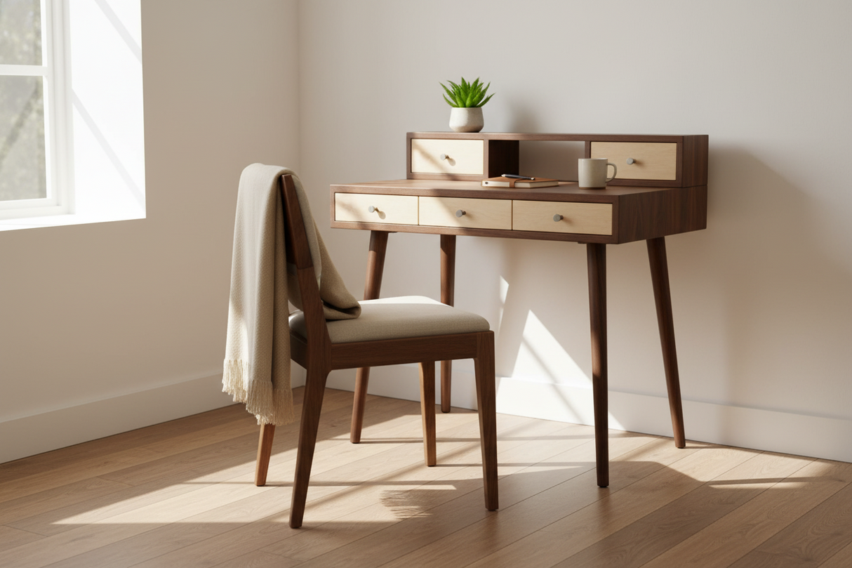 La Huche Maple Drawers - Mid-Century Modern Black Walnut Office Desk with Shelf n' Drawer