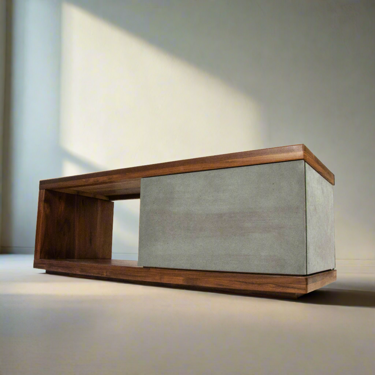 In Stock - Concrete and Black Walnut Wood Coffee Table or TV Stand with Drawer