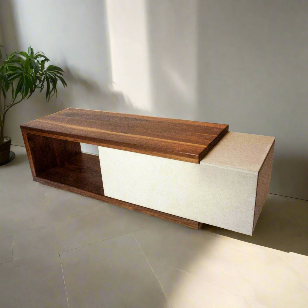 Mignun - Solid Walnut Wood & Concrete Coffee Table or TV Stand with Hidden Drawer