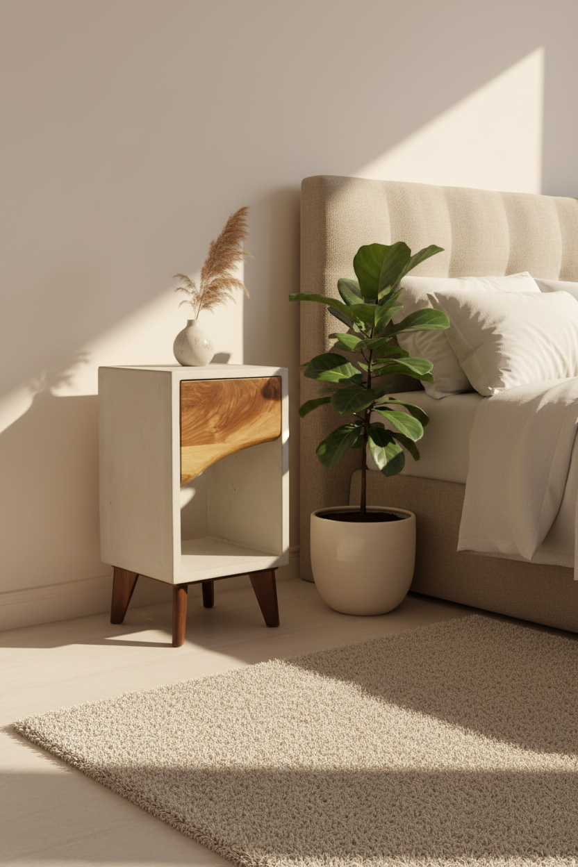 Concrete Box & Live Edge Maple Wood Drawer Nightstand