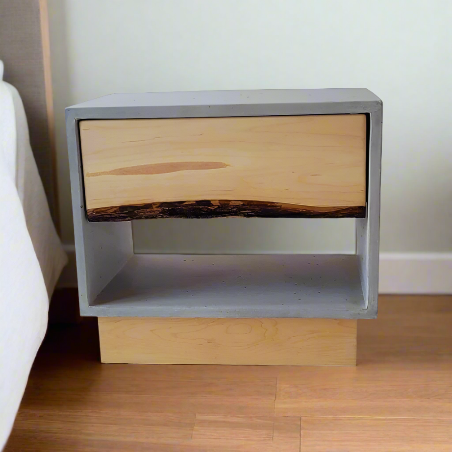 The Base - Concrete Cube & Solid Walnut Wood Base and Drawer Nightstand