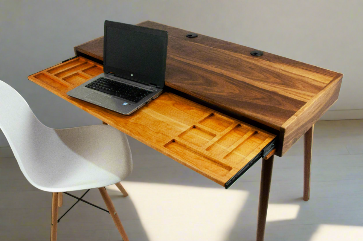 The Roland - Mid-century Modern Black Walnut Office Desk with Carved Keyboard Shelf