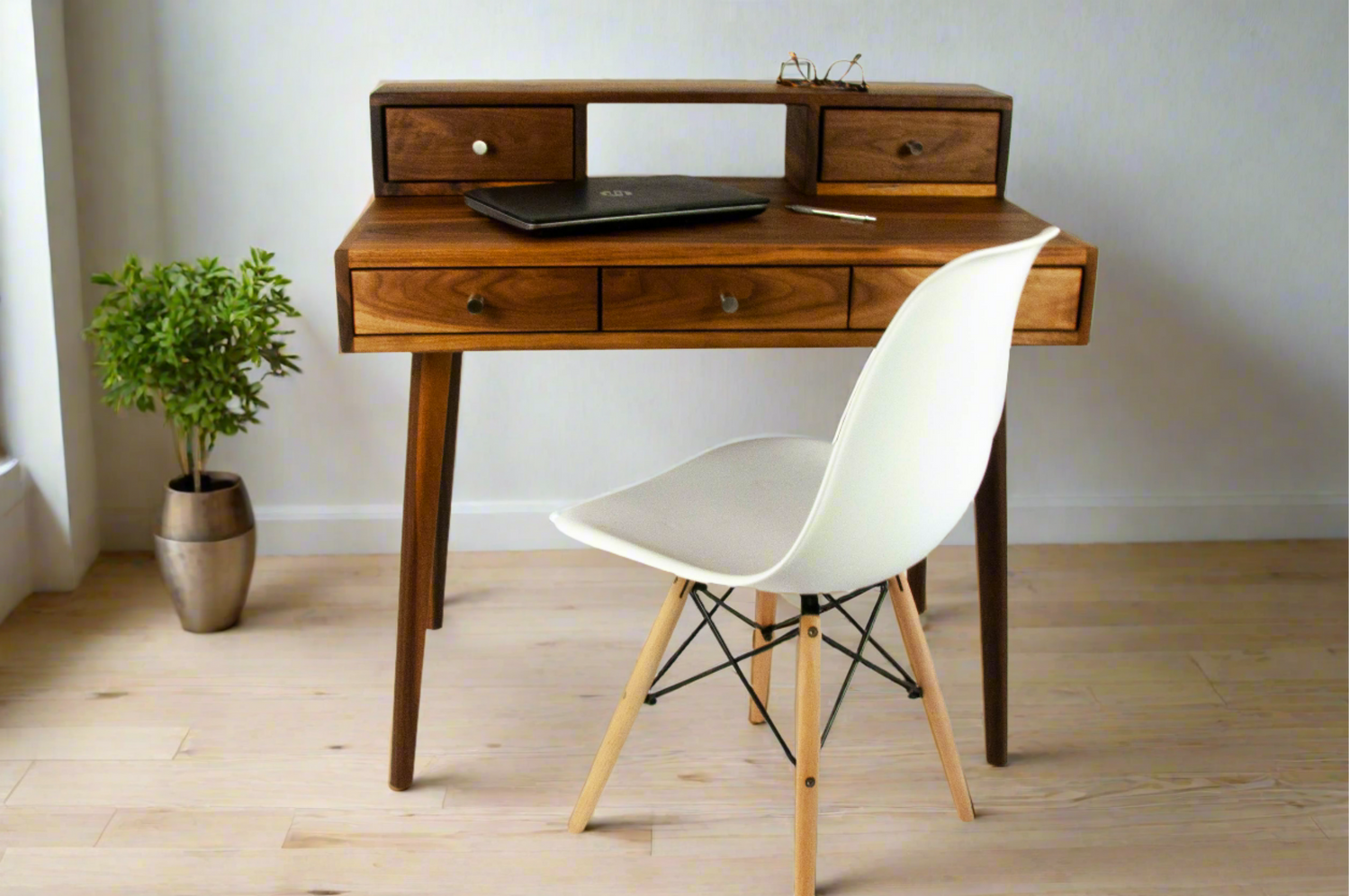 La Huche All Walnut - Mid-Century Modern Black Walnut Office Desk with Shelf and Drawers