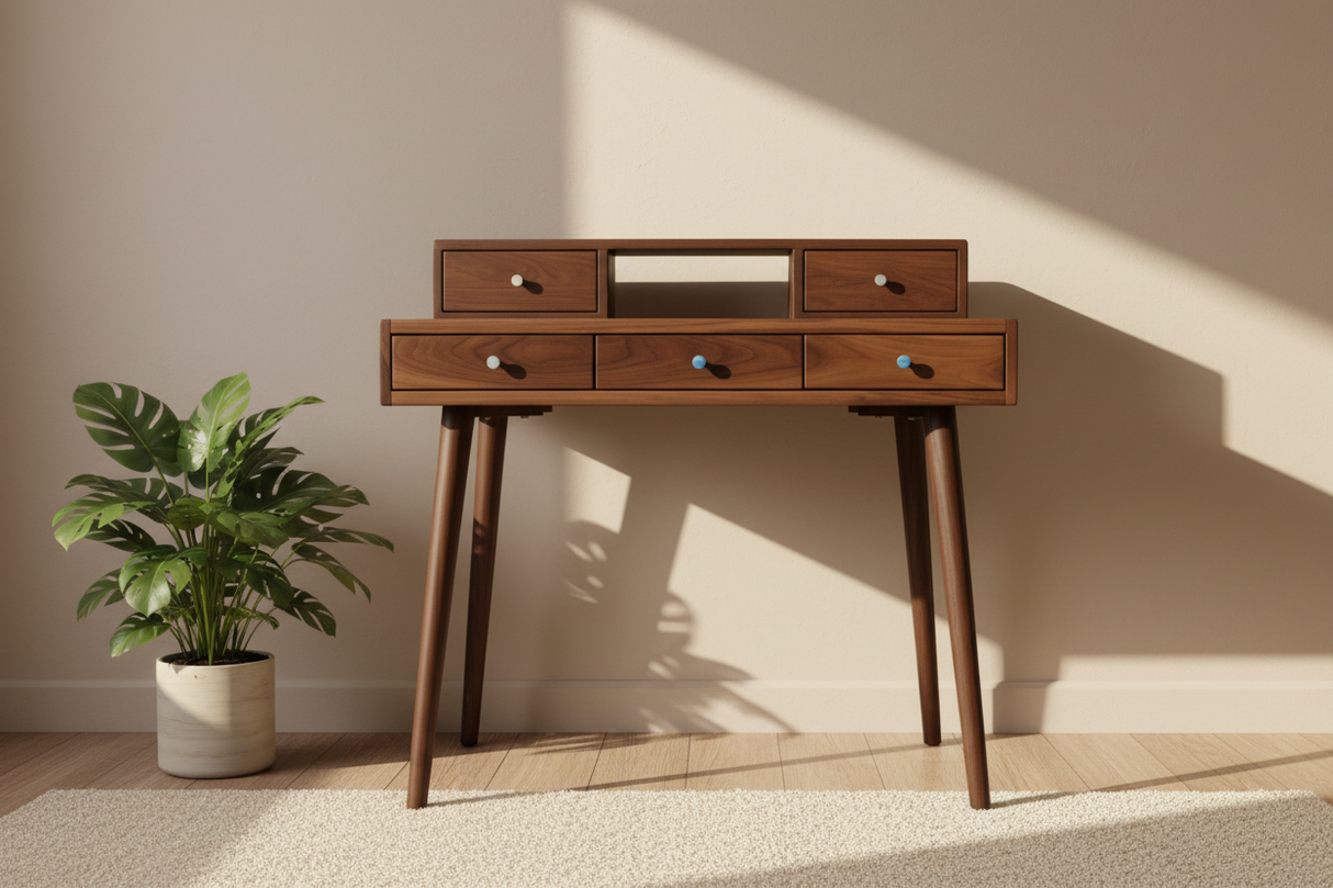 La Huche All Walnut - Mid-Century Modern Black Walnut Office Desk with Shelf and Drawers