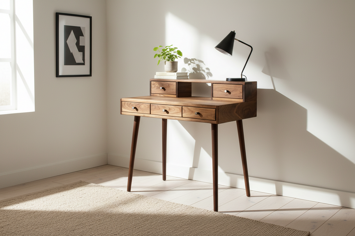 La Huche All Walnut - Mid-Century Modern Black Walnut Office Desk with Shelf and Drawers