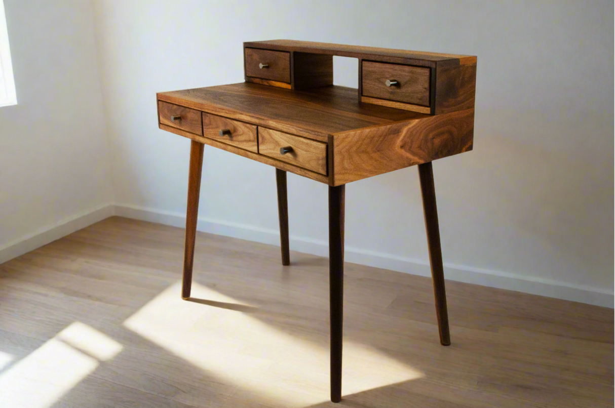 La Huche All Walnut - Mid-Century Modern Black Walnut Office Desk with Shelf and Drawers